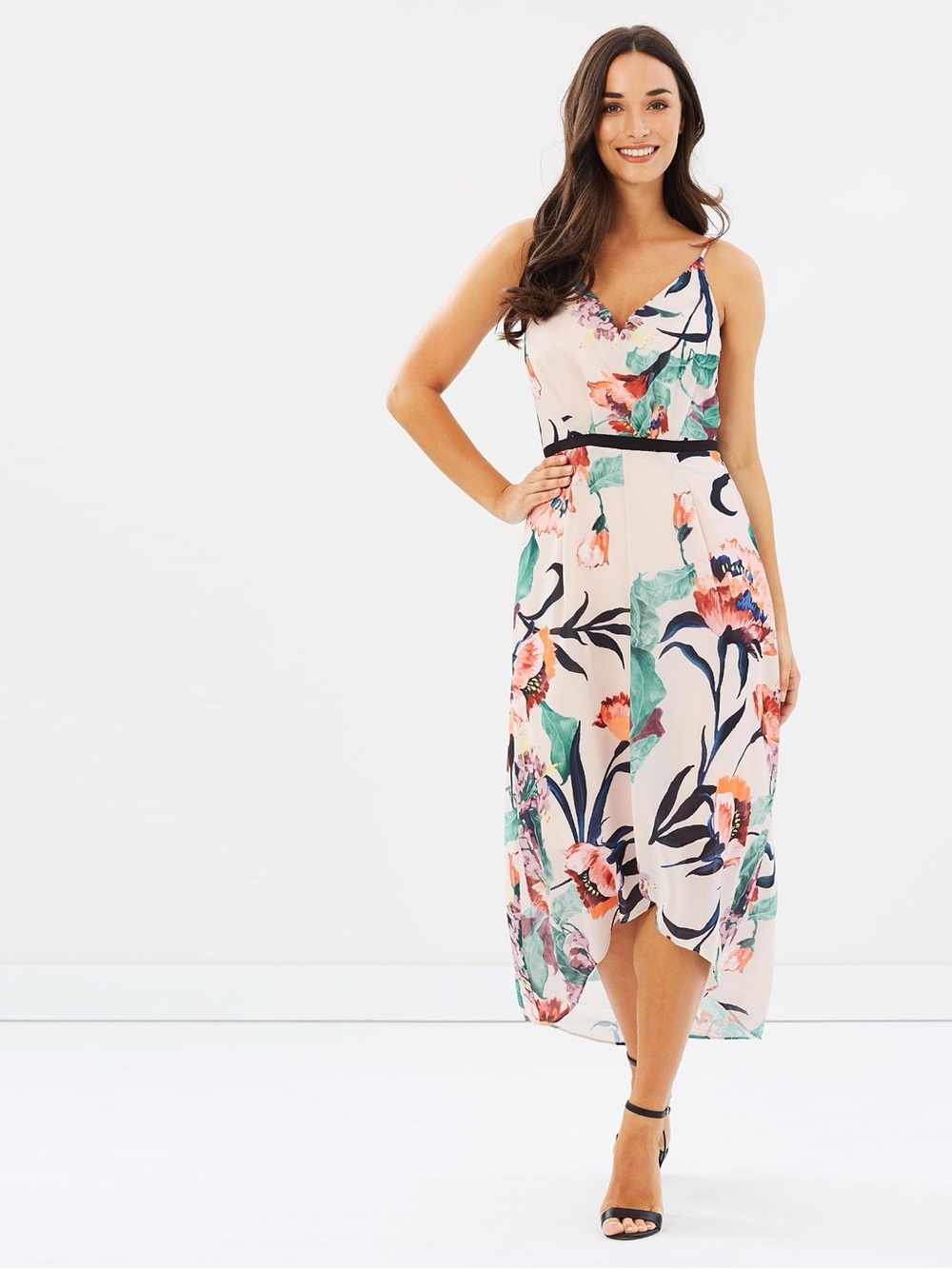 High-Low Floral Midi Dress in Blush Pink (Cooper St)